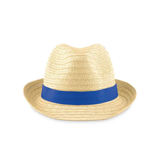 Beige pălărie de paie de hârtie cu bandă albastră vibrantă din material natural pentru protecție solară
