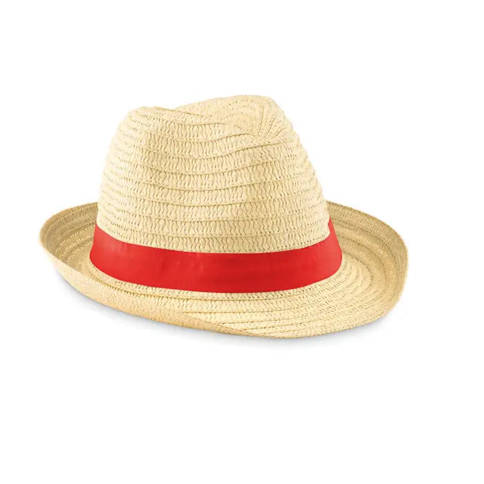Palarie de paie de hartie bej cu bandă roșie din satin vibrantă fedora elegantă