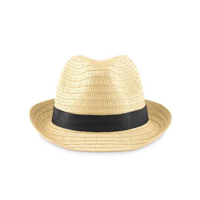 Palarie de paie de hartie bej cu banda neagra de saten design fedora eleganta