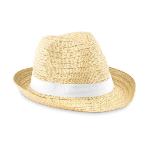 Beige palarie de paie de hartie cu bentita alba din panglica pentru protectie solara si stil casual