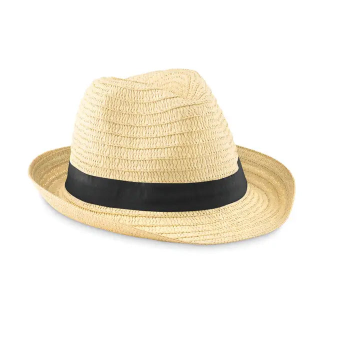 Beige palarie de paie de hartie cu bentita neagra din panglica pentru protectie solara
