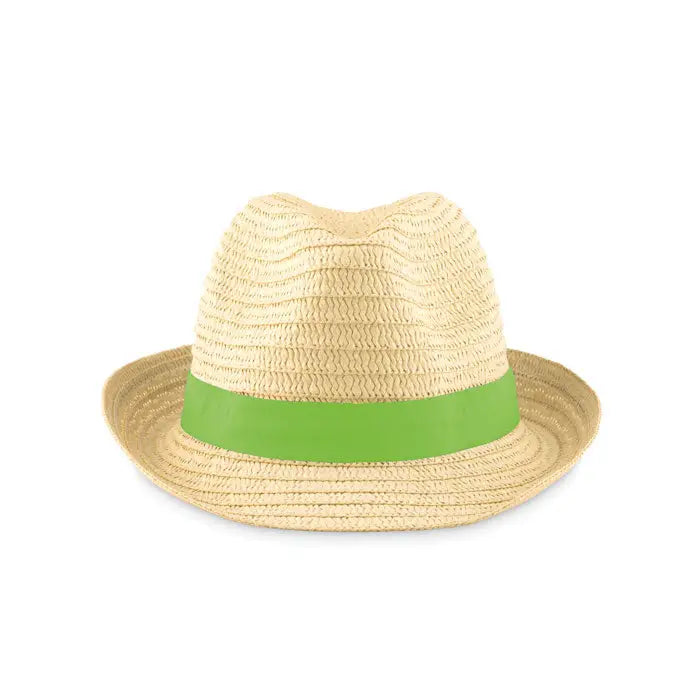 Palarie de paie de hartie beige cu bentita verde vibrant realizata din paie, ideala pentru protectie solara si stil casual