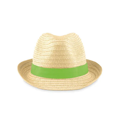 Palarie de paie de hartie beige cu bentita verde vibrant realizata din paie, ideala pentru protectie solara si stil casual