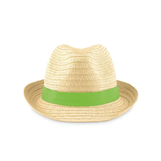 Palarie de paie de hartie beige cu bentita verde vibrant realizata din paie, ideala pentru protectie solara si stil casual