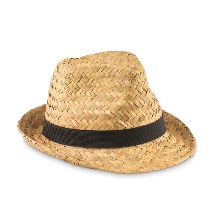Palarie de paie naturala din paie cu banda neagra din panglica, design fedora clasic