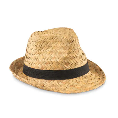 Palarie de paie naturala din paie cu banda neagra din panglica, design fedora clasic