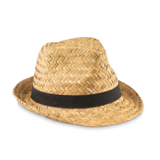 Palarie de paie naturala din paie cu banda neagra din panglica, design fedora clasic