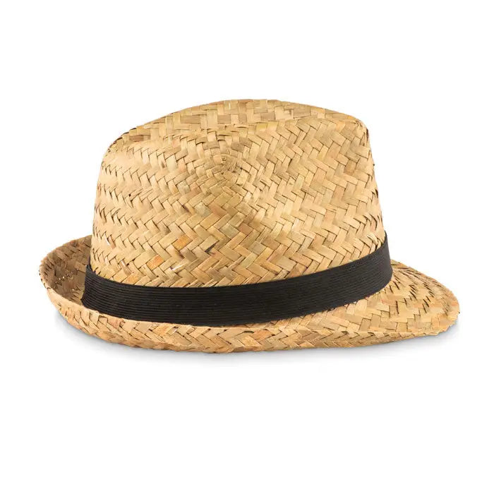 Palarie de paie naturala tip fedora maro deschis cu bentita neagra din panglica