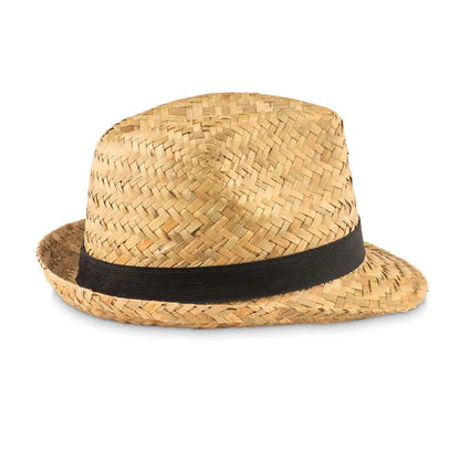Palarie de paie naturala tip fedora maro deschis cu bentita neagra din panglica