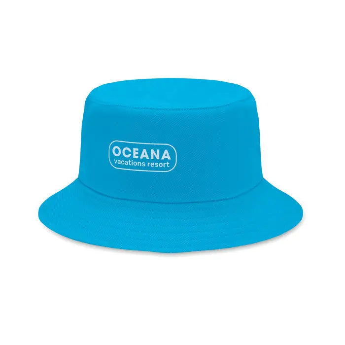 Palarie de soare din bumbac periat albastru cu logo alb brodat oceana vacations resort pentru plaja