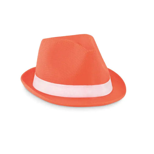 Palarie din poliester colorat cu fedora portocaliu vibrant si banda alba in jurul coroanei