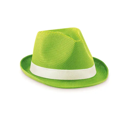 Palarie din poliester colorat lime verde aprins cu bentita alba model fedora