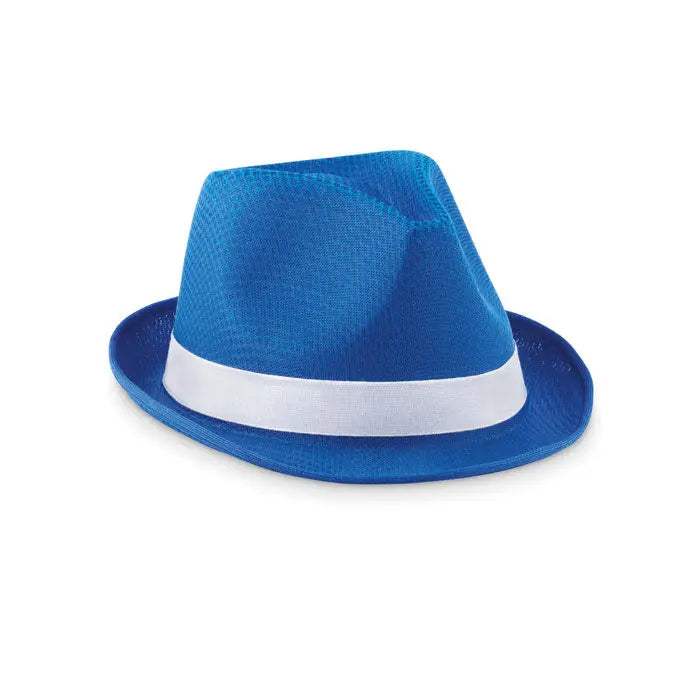 Palarie din poliester colorat albastra cu bentita alba, model fedora vibrant si elegant