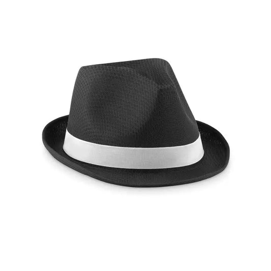 Palarie din poliester colorat neagra cu banda alba decorativa de tip fedora