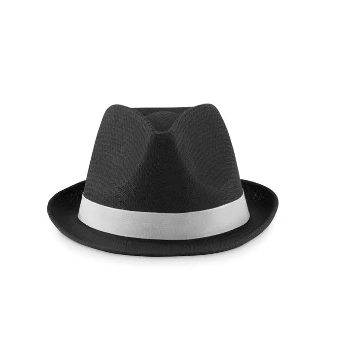 Palarie din poliester colorat neagra cu banda alba neteda de tip fedora