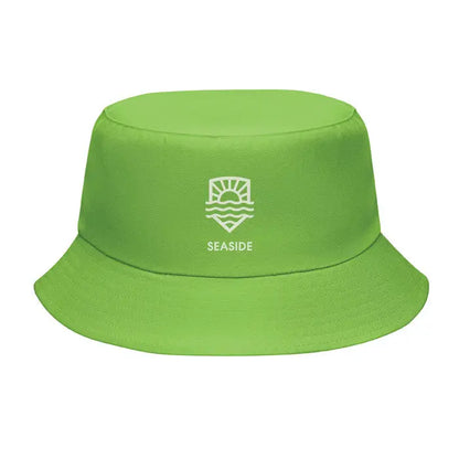 Palărie poliester 150 gr/m² verde lime cu logo alb brodat soare peste valuri și text seaside