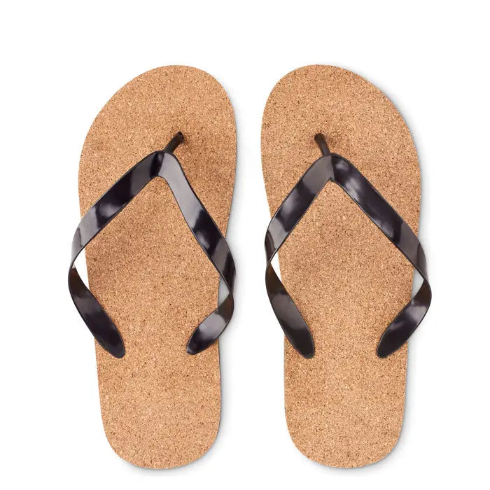 Papuci de plaja din pluta m cu talpa naturala si flip-flops negre lucioase