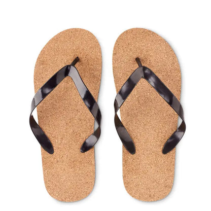 Papuci de plaja din pluta m cu talpa naturala si flip-flops negre lucioase