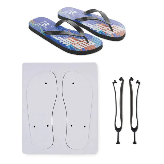 Papuci de plaja sublimati albastri cu design grafic vibrant si barete negre din material rezistent