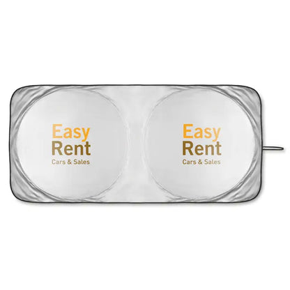 Parasolar pliabil pentru masina alb cu panouri reflectorizante circulare si logo easy rent cars & sales in portocaliu si auriu