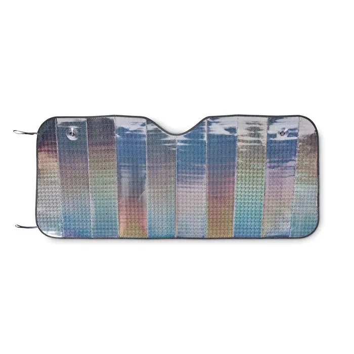 Parasolar pliabil pentru parbriz dreptunghiular iridescent cu dungi verticale albastre, mov si aurii stralucitoare