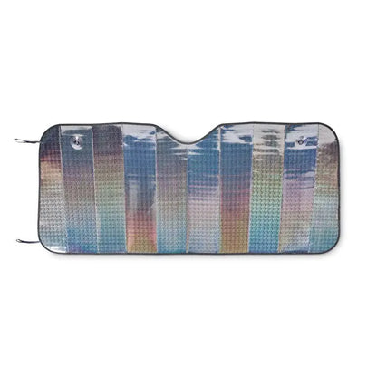 Parasolar pliabil pentru parbriz dreptunghiular iridescent cu dungi verticale albastre, mov si aurii stralucitoare
