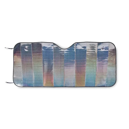 Parasolar pliabil pentru parbriz dreptunghiular iridescent cu dungi verticale albastre, mov si aurii stralucitoare