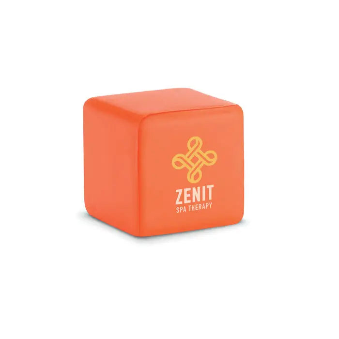 Patrat antistres portocaliu cu logo galben si text zenit spa therapy imprimat pentru terapie spa