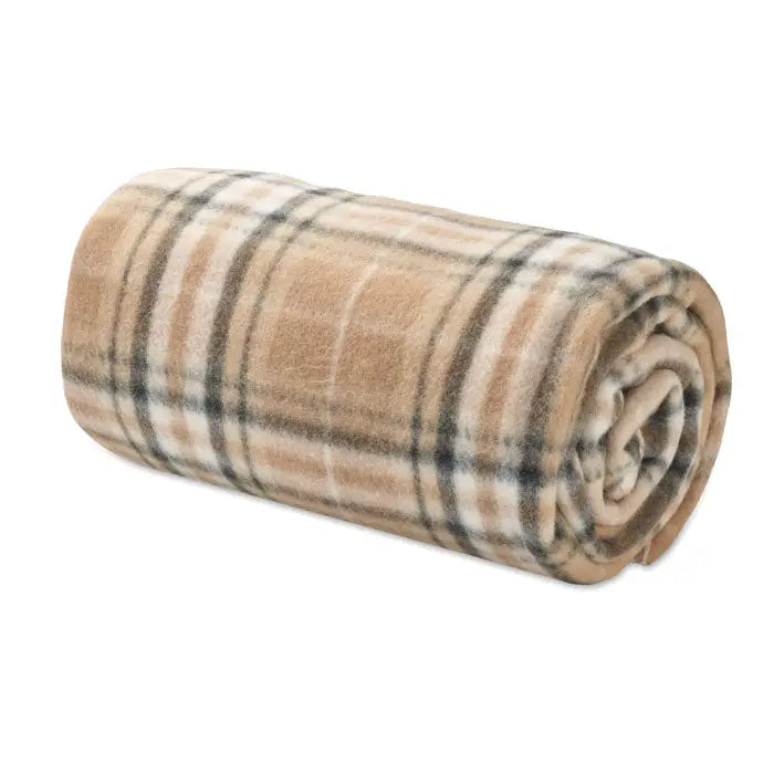 Pătura de călătorie din lână rpet bej și negru cu model plaid, fleece moale și plușată, rulată