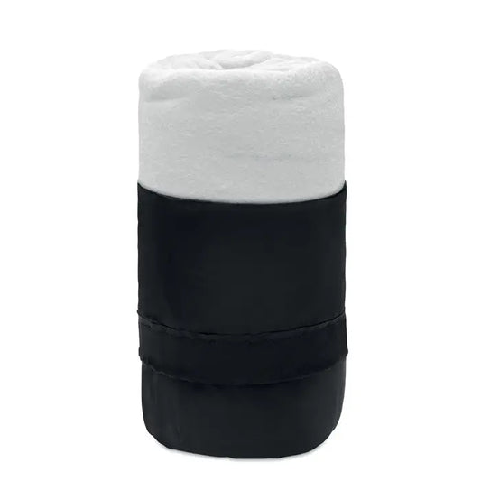 Patură de călătorie din lână rpet compactă rulată cu partea superioară albă plușată și înveliș negru elegant