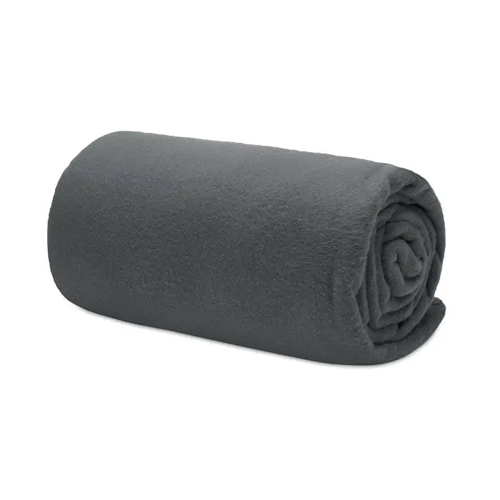 Patura de calatorie din lana rpet gri inchis din fleece pufos rulata cilindric pentru calatorii