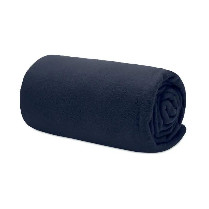 Patura de calatorie din lana rpet albastru inchis, fleece, rulata neat pentru transport usor