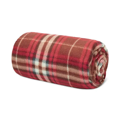 Patura de calatorie din lana rpet cu model carouri rosu maro si crem, fleece moale si texturat, rulata