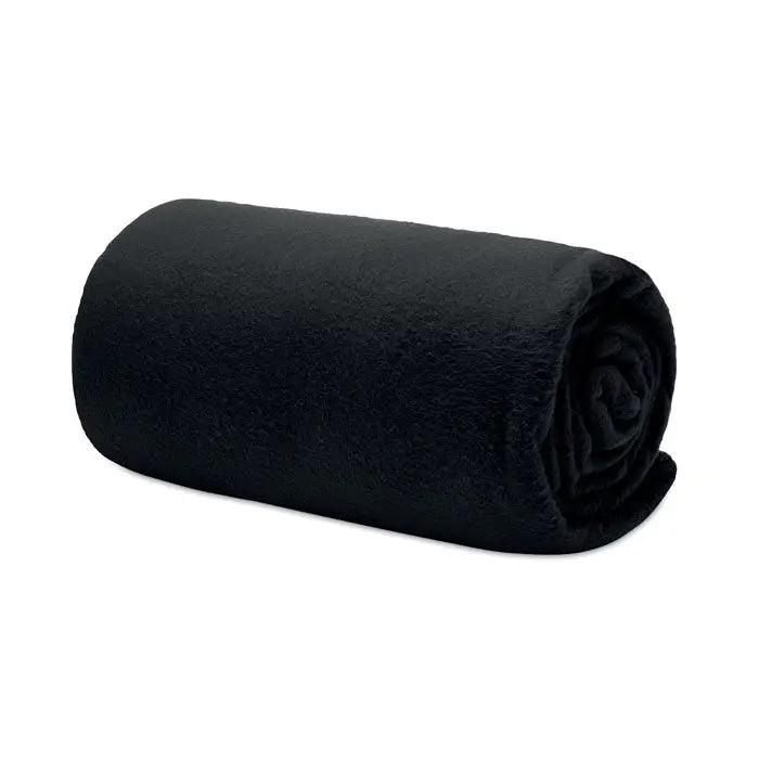 Patura de calatorie din lana rpet neagra din fleece rulata pentru depozitare compacta
