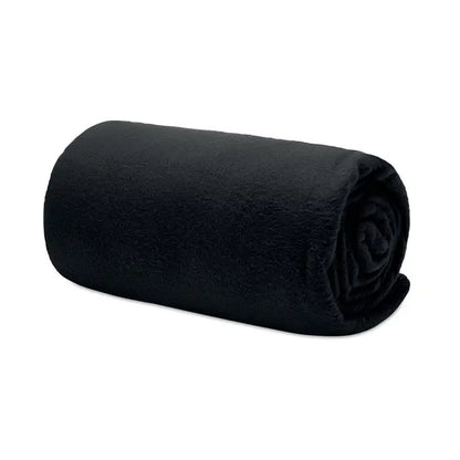Patura de calatorie din lana rpet neagra din fleece rulata pentru depozitare compacta