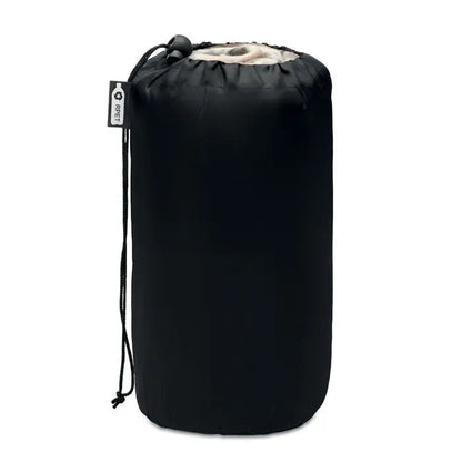 Patura de calatorie din lana rpet cu sac negru cu snur si captuseala interioara bej moale