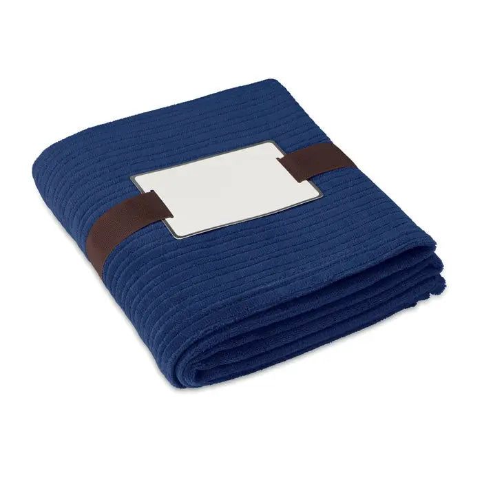 Patura de lana navy blue cu model striat din tricot, 240 grm2, cu eticheta alba si detalii din piele maro