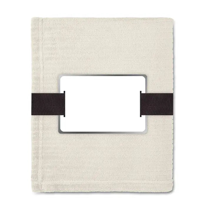 Patura de lana beige cu textura, panou alb central si benzi elastice negre, 240 gr/m2