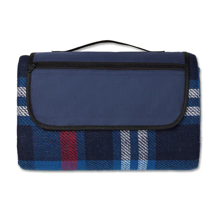 Pătură de picnic din acril albastru în carouri cu buzunar frontal solid navy și fermoar negru