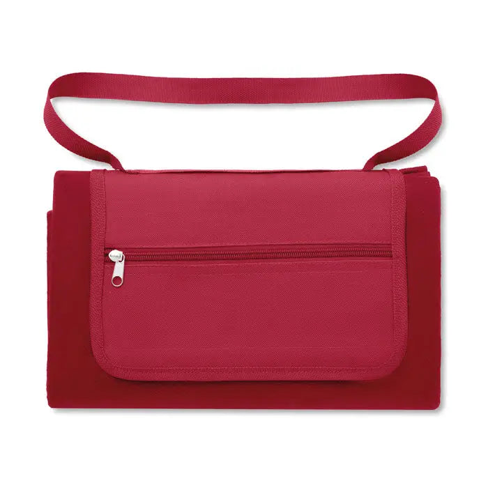 Patura de picnic rosie din material textil cu bretea de umar si buzunar frontal cu fermoar