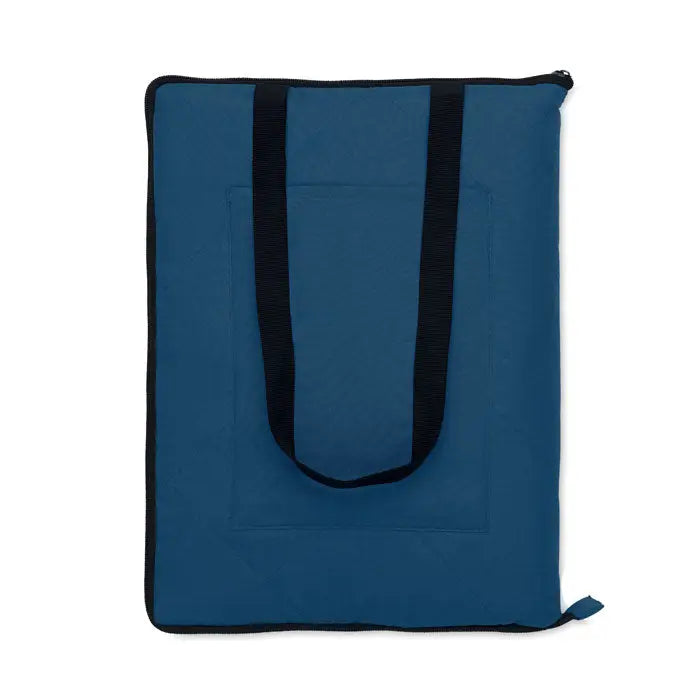 Patură de picnic pliabilă în sac din pânză albastru cu fermoar și mânere negre