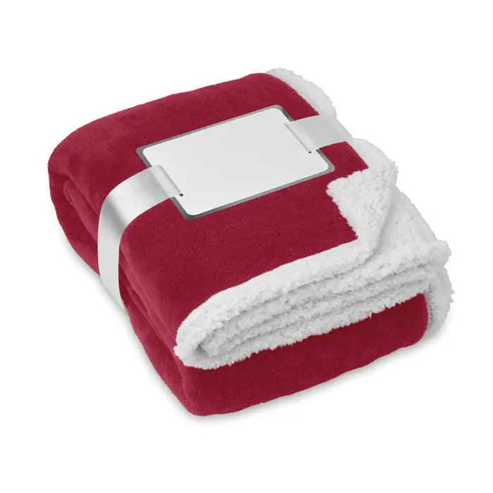 Patura din lana coral sherpa rosie si alba cu suprafata moale si texturata perfecta pentru confort acasa