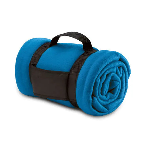 Patura din lana albastra din fleece cu bretele si maner din material negru pentru transport facil