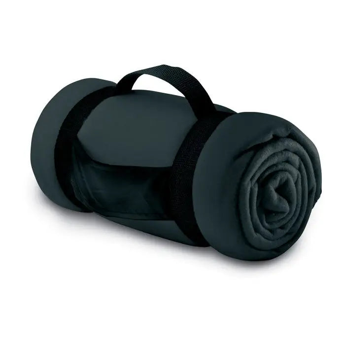 Patura din lana cu saltea de dormit rulata neagra cu maner textil si bretele elastice pentru transport