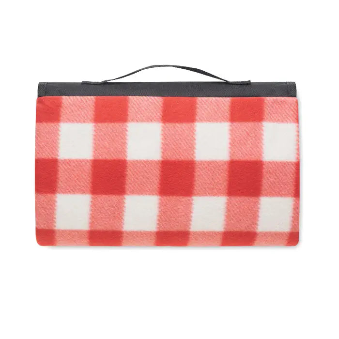 Pătură din lână rpet 150 gr/m² roșu cu alb în carouri din fleece cu mâner negru pentru picnic