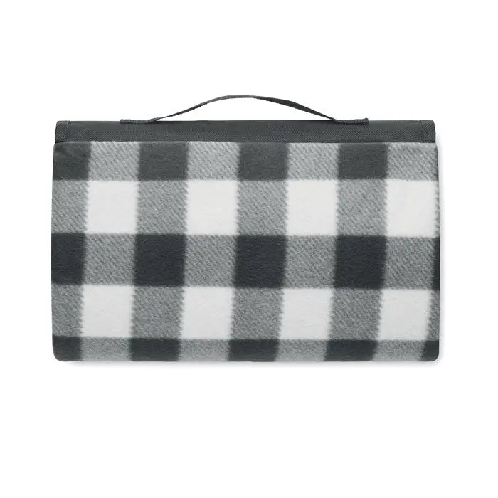 Pătura din lână rpet 150 gr/m² în carouri alb negru cu mâner negru, ideală pentru picnic