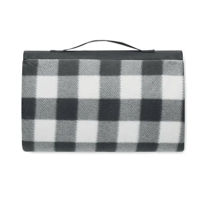 Pătura din lână rpet 150 gr/m² în carouri alb negru cu mâner negru, ideală pentru picnic