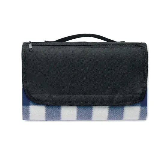 Patură din lână rpet 150 gr/m² cu fermoar pliabilă, neagră cu model cadrilat albastru și alb pentru picnic