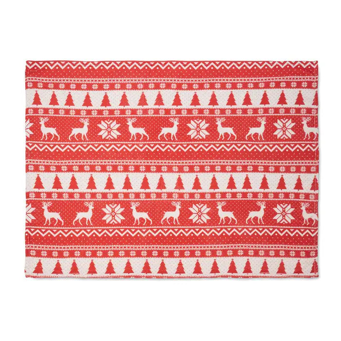 Patura din lana rpet 190 gr/m² rosie si alba cu model nordic festiv cu reni, fulgi de zapada si brazi