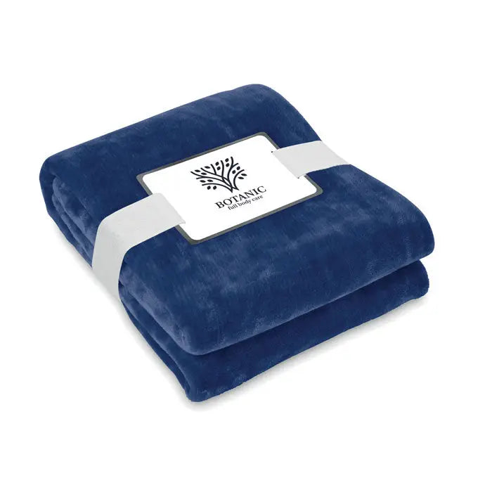 Patură din lână rpet 280 gr/m² în nuanță navy blue cu textură moale catifelată și etichetă botanic albă
